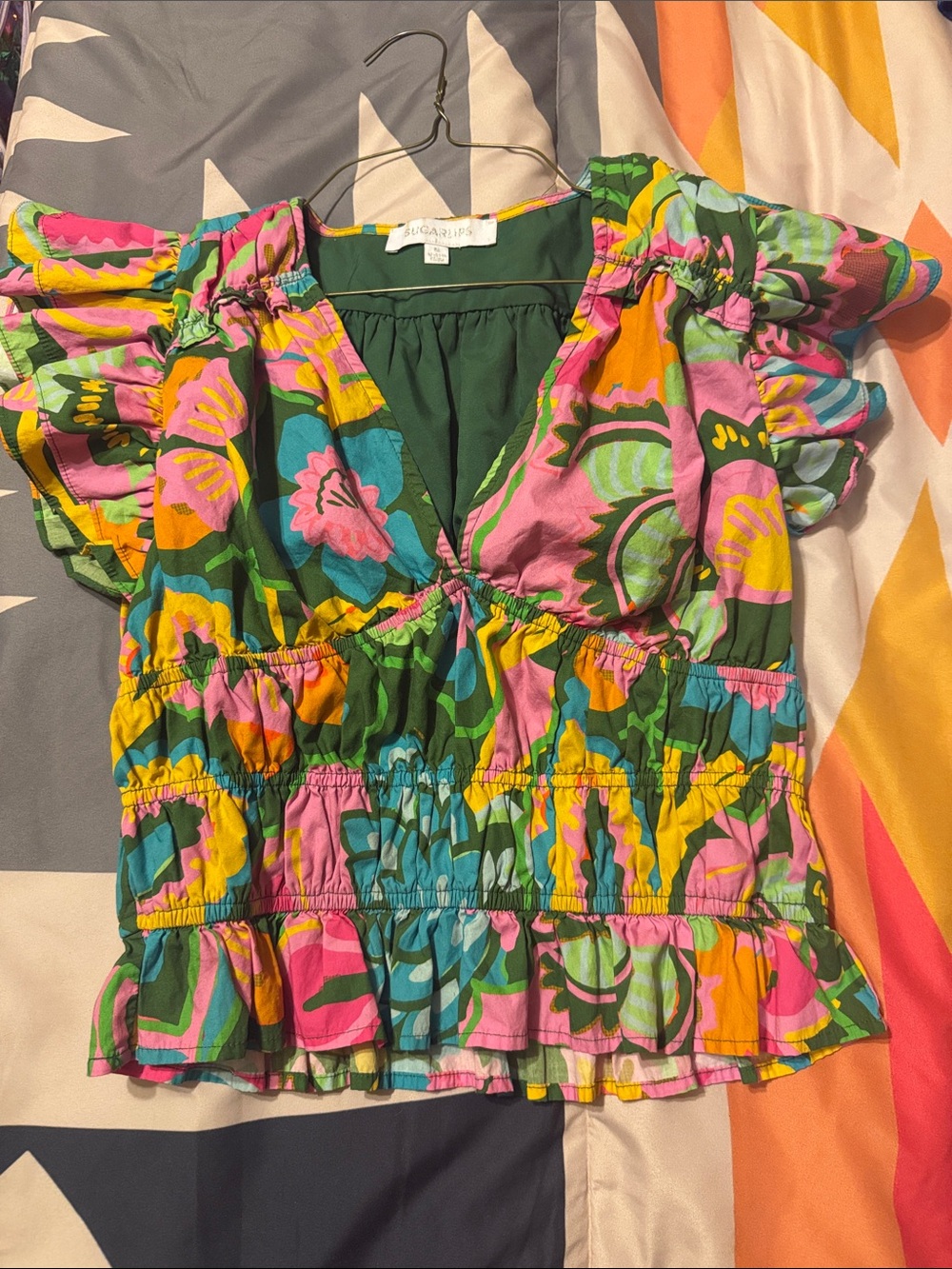 Sugarlips Green Floral V-Neck Smocked Ruffle Sleeve Top - Pink Yellow Blue